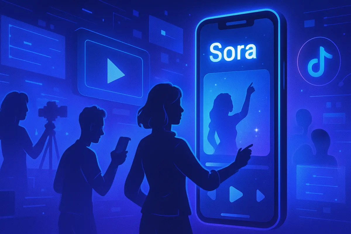 Une personne explore sur son téléphone une application de partage de vidéos créées par intelligence artificielle.