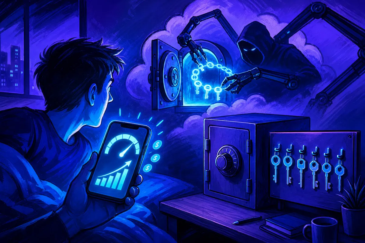 Un développeur découvre une alerte de dépenses la nuit tandis qu’une silhouette dérobe des clés numériques