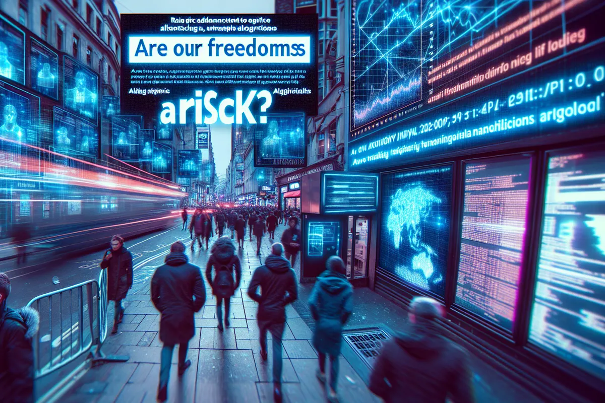 Des passants dans une place urbaine observée par des caméras et un système d’analyse algorithmique.