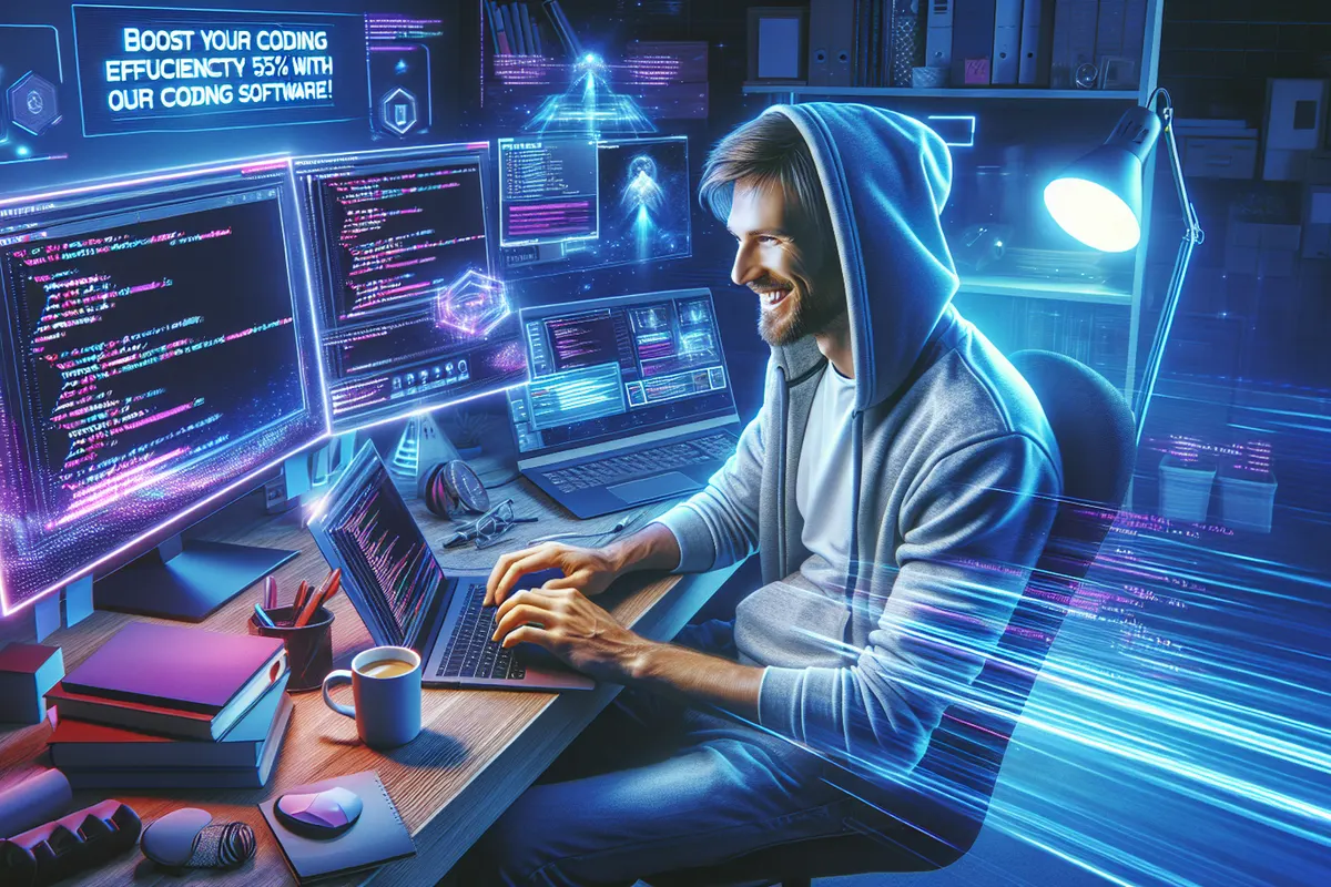 Développeur vérifiant des suggestions de code générées par une intelligence artificielle sur deux écrans