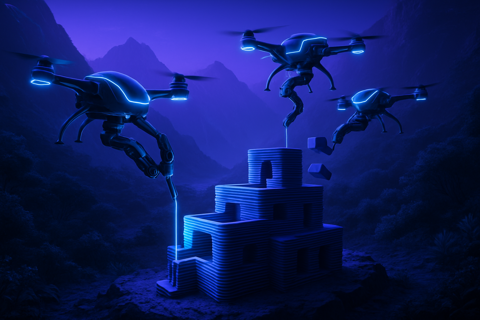 des drones équipés d'intelligence artificielle emploient l'impression 3d pour construire des structures dans des endroits difficiles d'accès, offrant ainsi des solutions innovantes pour le bâtiment et l'ingénierie.